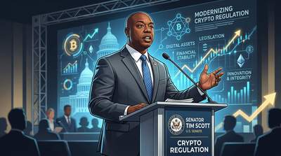 Senator Tim Scott speaking at podium about cryptocurrency regulation