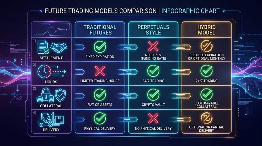 Comparison chart showing features of traditional oil futures, Hyperliquid perpetuals, and new crypto platform oil trading models