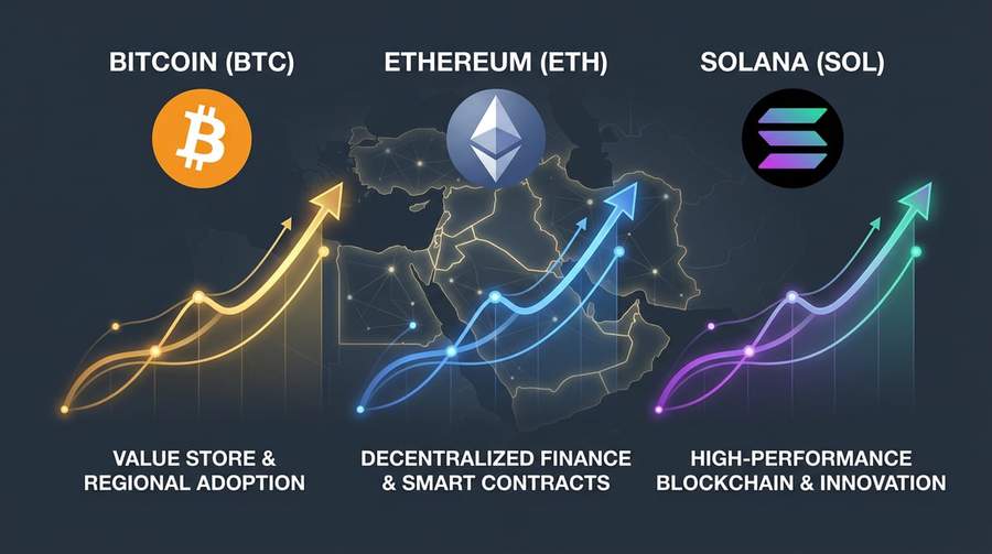 Chart showing Bitcoin, Ethereum and Solana price increases during Middle East tensions