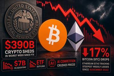 Bitcoin and Ethereum price chart showing steep weekly decline with liquidation data overlay