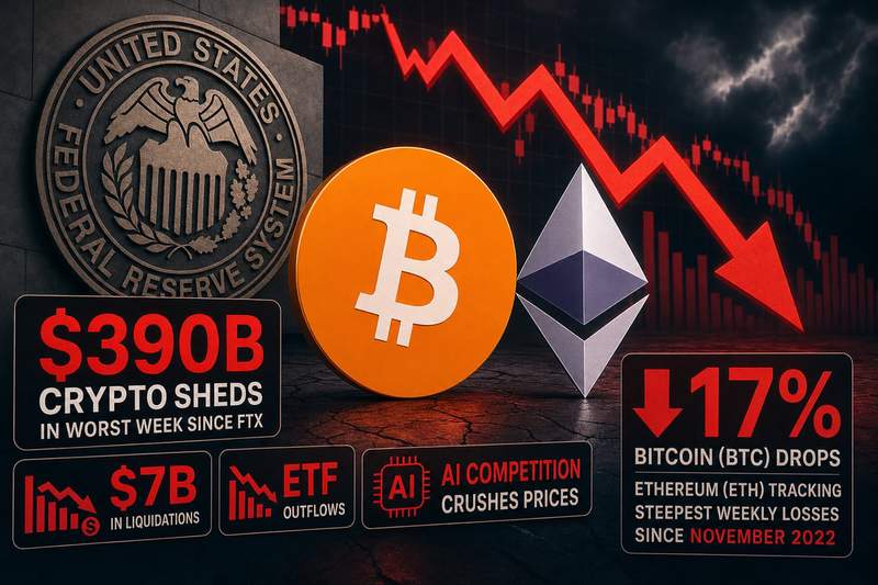 Bitcoin and Ethereum price chart showing steep weekly decline with liquidation data overlay