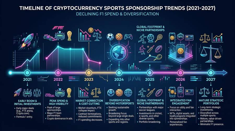 Timeline showing cryptocurrency sports sponsorship trends from 2021-2027