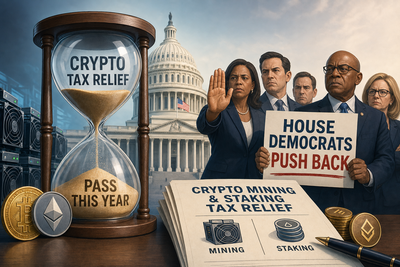US Capitol building with cryptocurrency symbols representing pending tax legislation