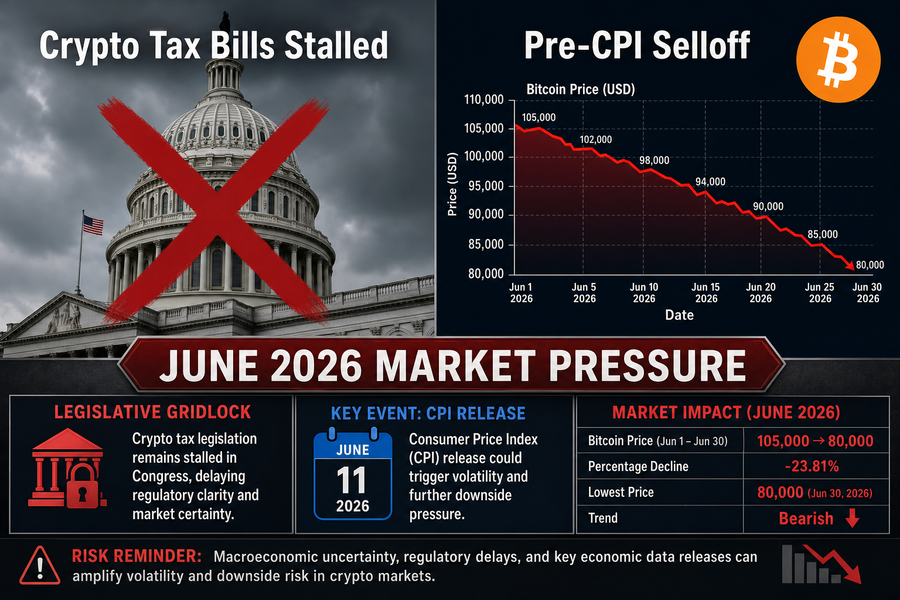 Infographic showing US Capitol with crypto tax bills stalled alongside Bitcoin price chart declining ahead of CPI data