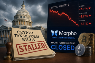 US Capitol building with crypto symbols and downward market chart overlay