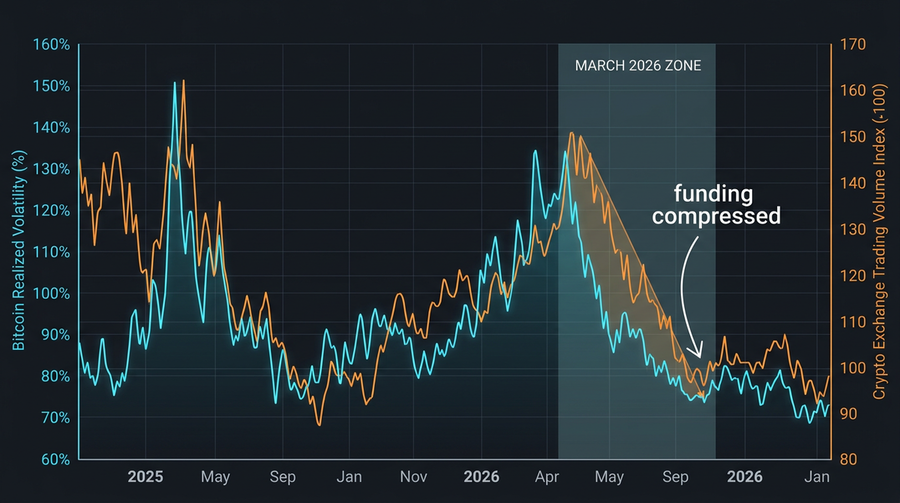 Chart showing correlation between Bitcoin volatility and crypto exchange trading volumes