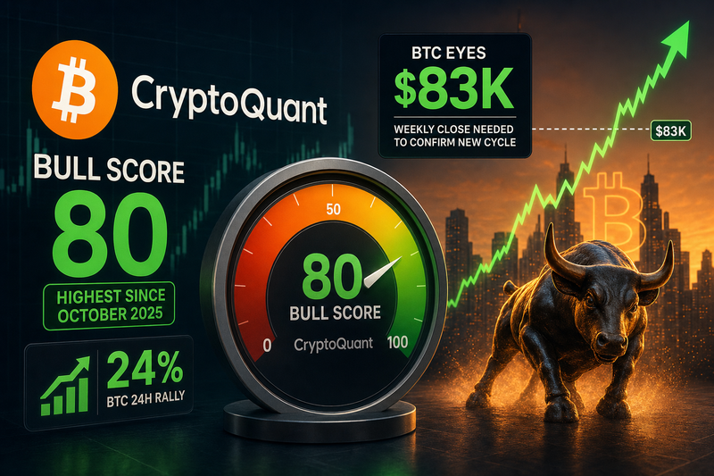 Bitcoin Bull Score index chart showing 80 reading with key price levels marked