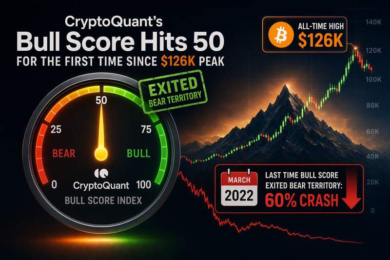 Bitcoin Bull Score Index chart showing transition from bearish to neutral territory at 50