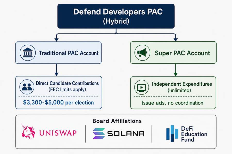 Diagram showing the two-account structure of a hybrid PAC with direct contribution limits on one side and unlimited independent expenditures on the other