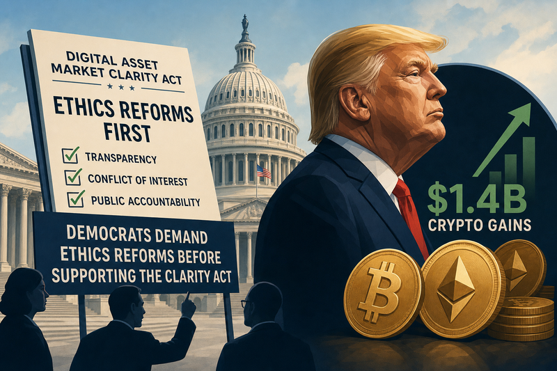 US Capitol building with cryptocurrency symbols representing the Clarity Act ethics debate