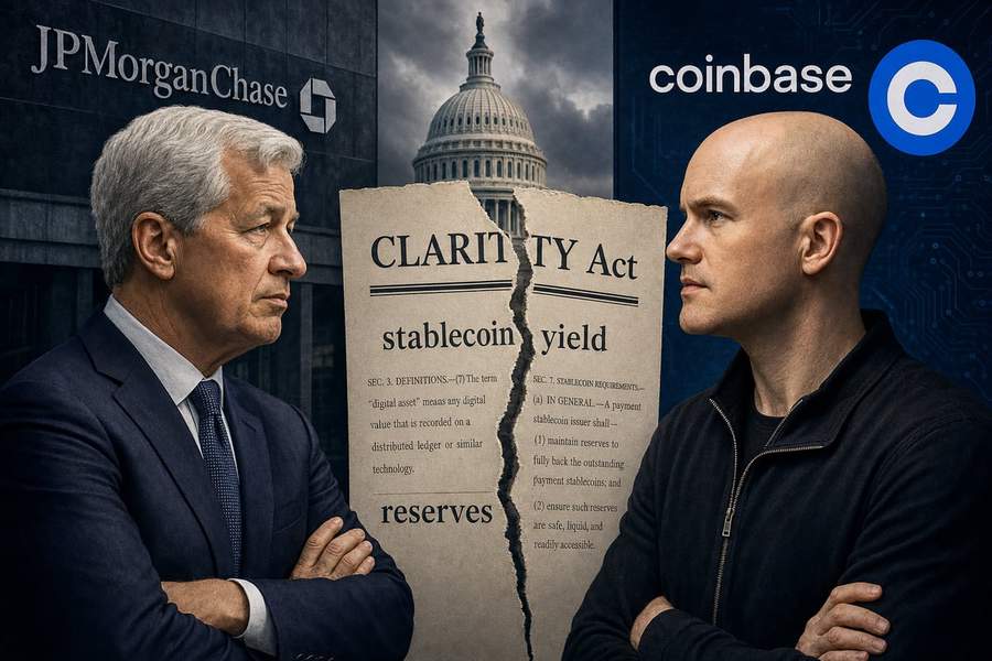 Jamie Dimon and Brian Armstrong on opposite sides of a torn CLARITY Act document representing the stablecoin yield dispute