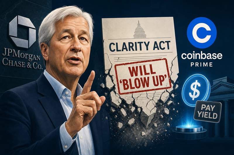 Jamie Dimon and Brian Armstrong opposing sides in CLARITY Act debate over stablecoin yield