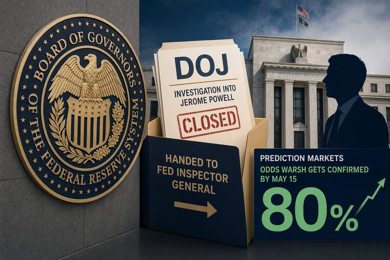 Federal Reserve building with Department of Justice seal fading out, representing the dropped investigation of Jerome Powell