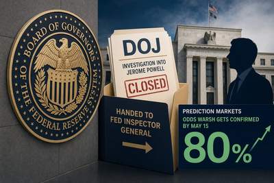Federal Reserve building with Department of Justice seal fading out, representing the dropped investigation of Jerome Powell