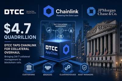 Diagram showing DTCC Collateral AppChain architecture with Chainlink data layer connecting traditional finance to blockchain networks