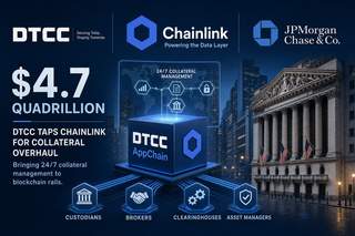 Diagram showing DTCC Collateral AppChain architecture with Chainlink data layer connecting traditional finance to blockchain networks