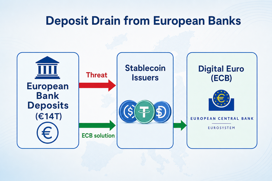 Diagram showing how stablecoins and digital euro could draw deposits away from European banks