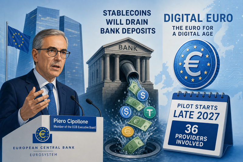 ECB building with euro symbol and stablecoin icons representing digital currency competition