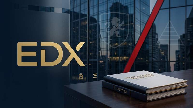 EDX Markets logo with U.S. regulatory documents and crypto symbols