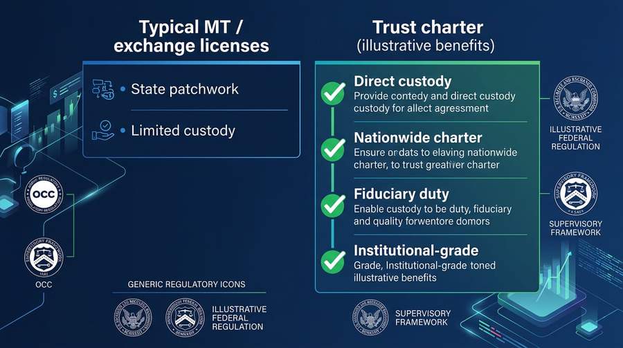 Comparison chart showing trust charter benefits versus regular crypto exchange licenses