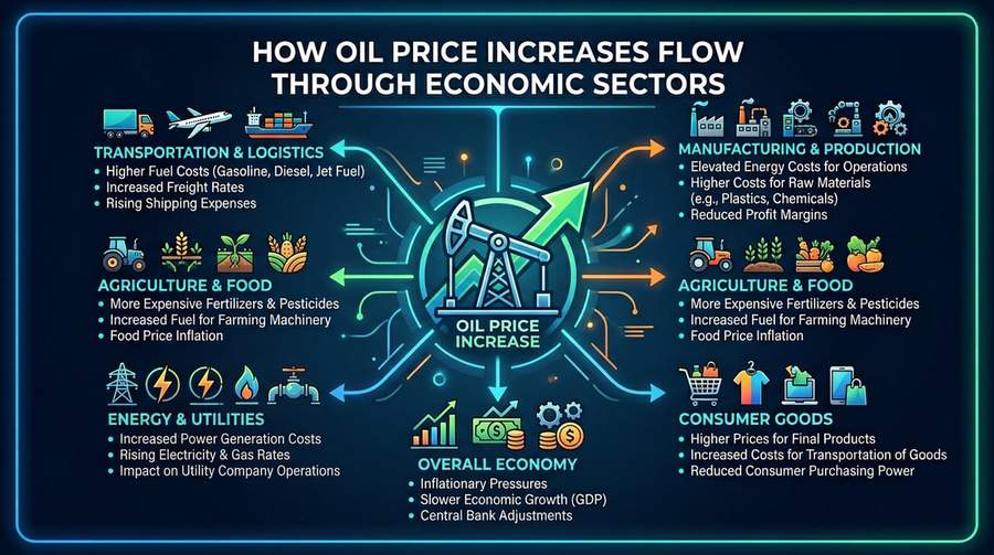 Diagram illustrating how oil price increases flow through to different economic sectors