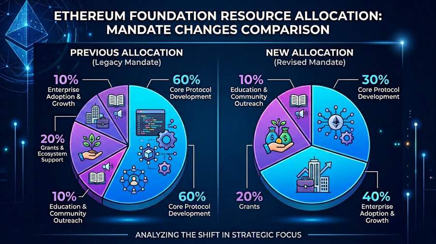 Comparison chart showing Ethereum Foundation&rsquo;s resource allocation before and after mandate changes