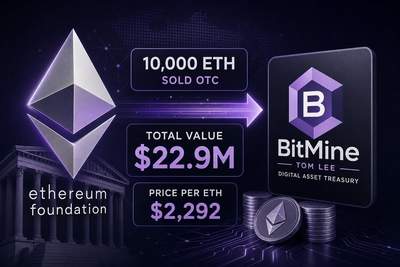 Ethereum Foundation sells 10,000 ETH to BitMine in $22.9 million OTC transaction