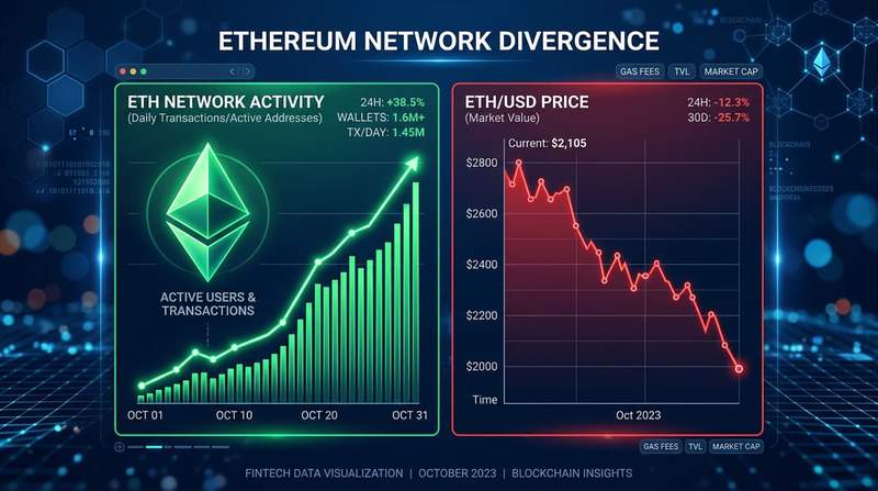 Ethereum logo with rising network activity chart diverging from declining price line on a dark blue digital background