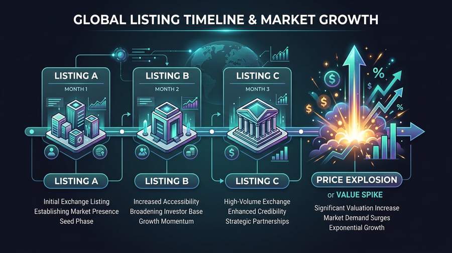 Timeline showing coordinated exchange listings followed by massive price spike