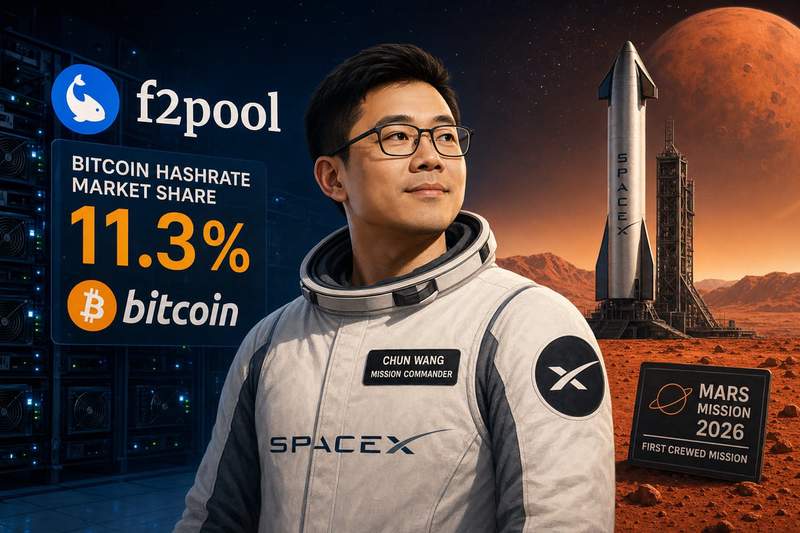 F2Pool co-founder Chun Wang in SpaceX flight suit with Mars and Bitcoin imagery