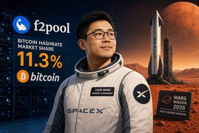 F2Pool co-founder Chun Wang in SpaceX flight suit with Mars and Bitcoin imagery
