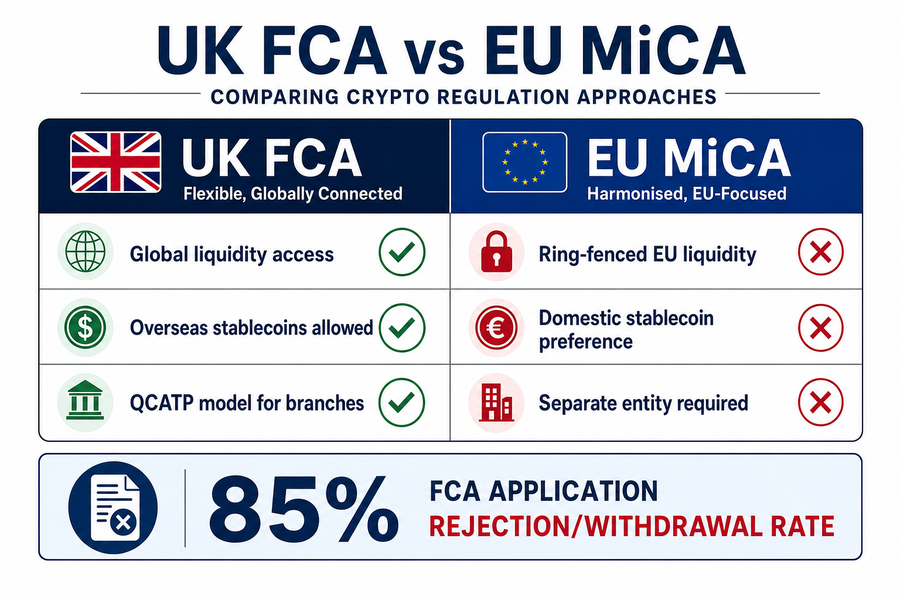 Comparison infographic showing UK FCA crypto regulation approach versus EU MiCA requirements with key differences highlighted
