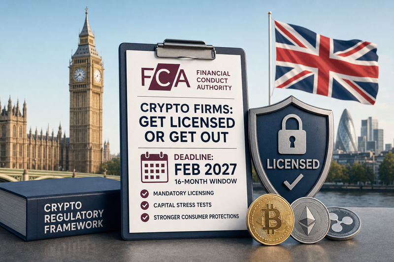 FCA building with crypto licensing deadline calendar showing February 2027