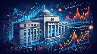 Federal Reserve building with digital charts showing market volatility and Bitcoin price movements