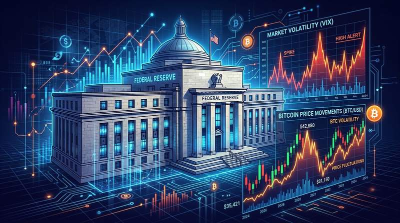 Federal Reserve building with digital charts showing market volatility and Bitcoin price movements
