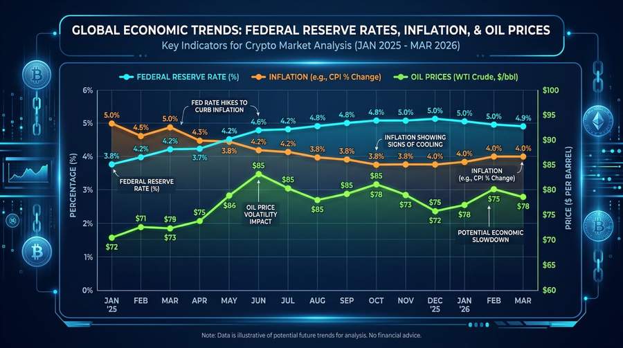 Chart showing Federal Reserve rates, inflation, and oil prices from January 2025 to March 2026