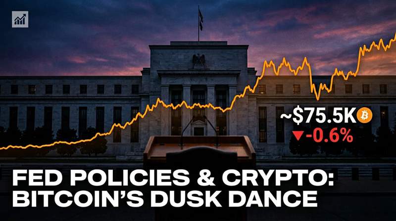 Abstract visualization of Federal Reserve building with Bitcoin price chart overlay showing downward movement