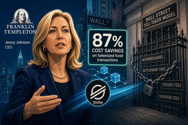 Franklin Templeton CEO Jenny Johnson speaking at Proof of Talk Paris 2026 about blockchain disruption to Wall Street