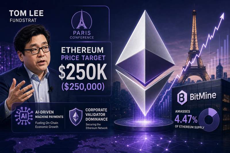 Tom Lee presenting Ethereum price thesis with BitMine holdings chart showing 5.4 million ETH stake