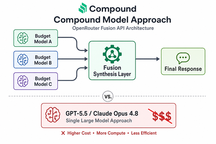 Diagram showing OpenRouter Fusion combining multiple budget AI models through a synthesis layer to produce responses competitive with premium single models