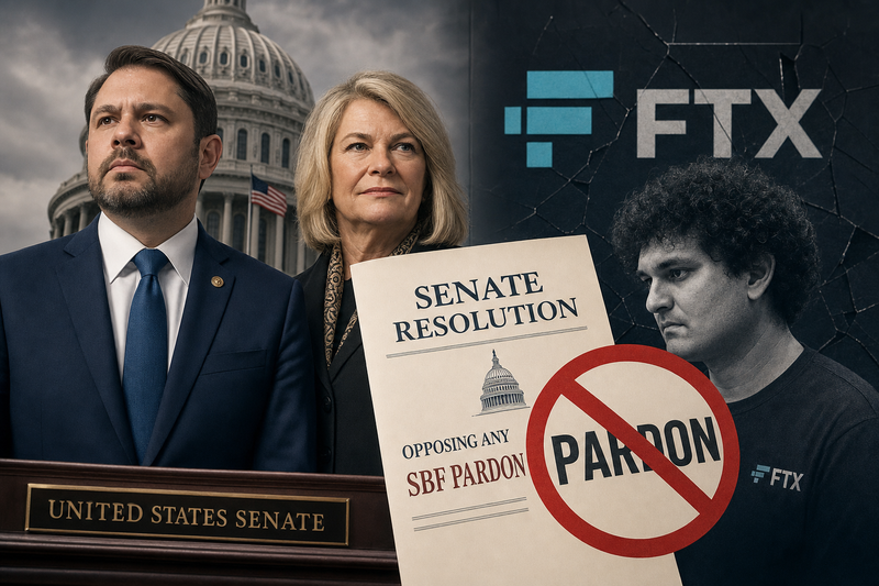 US Senate chamber with gavel and FTX logo representing the bipartisan resolution opposing clemency for Sam Bankman-Fried