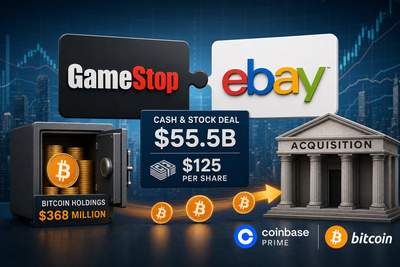 GameStop logo alongside Bitcoin symbol with eBay marketplace imagery and dollar figures representing the acquisition bid