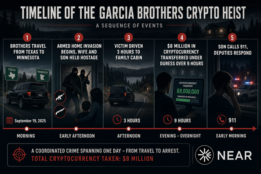 Timeline infographic showing the Garcia brothers crypto kidnapping from travel to arrest