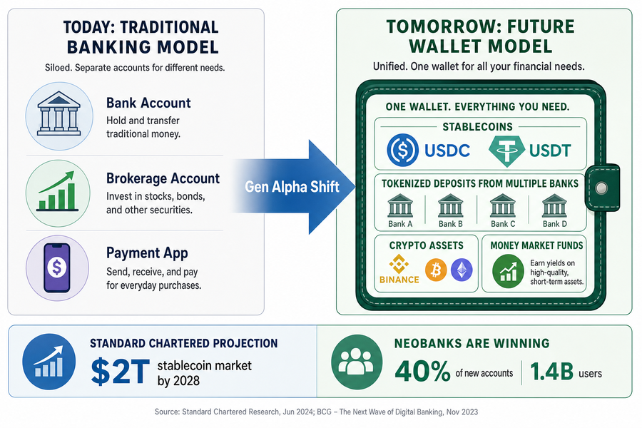 Infographic comparing traditional separate bank and brokerage accounts to unified wallet holding stablecoins, tokenized deposits, and crypto