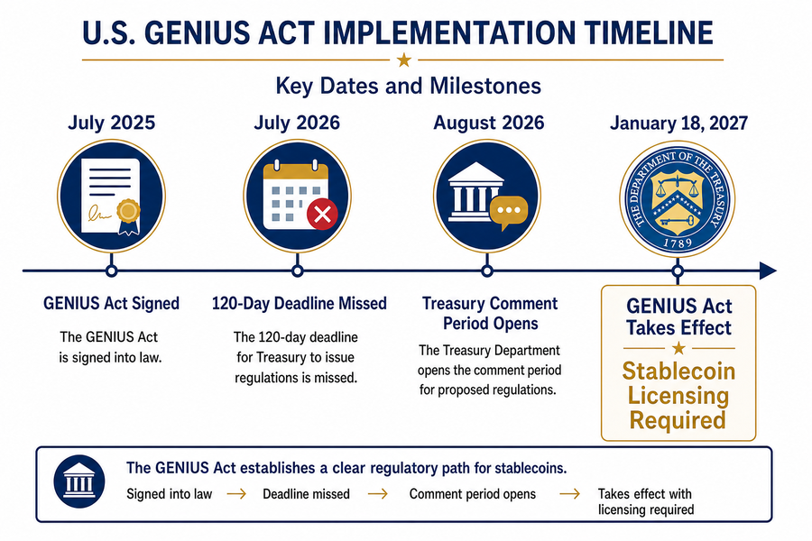 Timeline showing GENIUS Act milestones from July 2025 signing to January 2027 effective date with missed July 2026 deadline highlighted