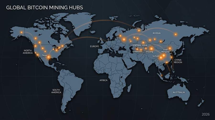 World map showing global Bitcoin mining distribution in 2026 with major concentrations in US, Russia, and China