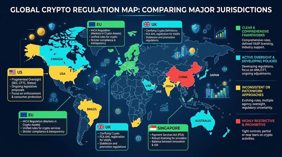 World map showing comparative crypto regulation status across major global jurisdictions