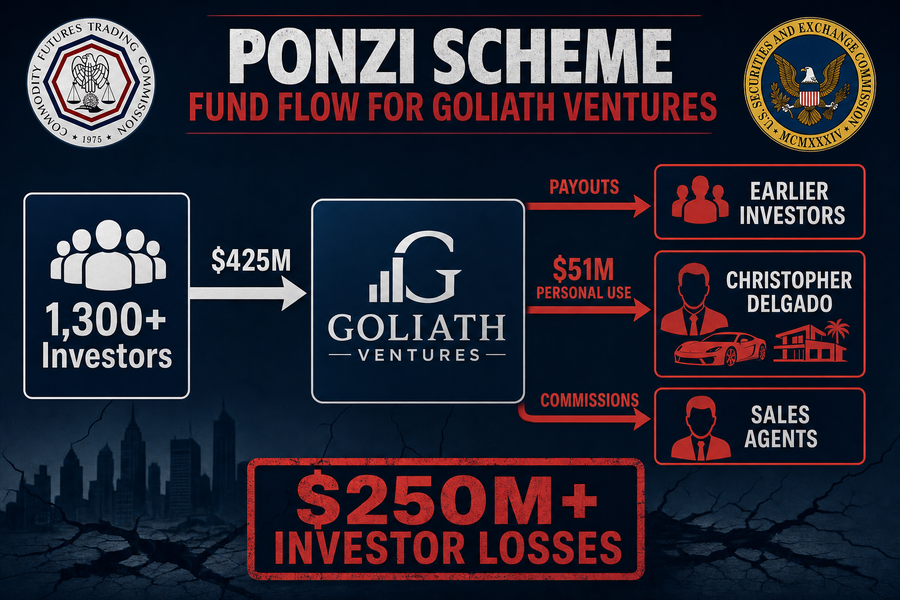 Diagram showing fund flow in Goliath Ventures scheme from investors through the company to personal spending and earlier investor payouts