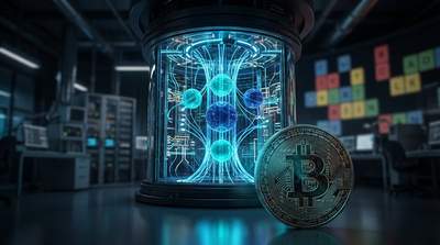 Bitcoin logo with quantum computing circuits in background