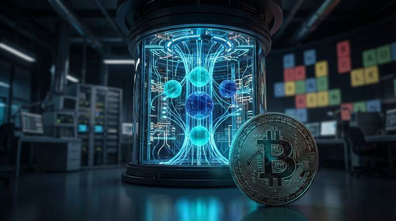 Bitcoin logo with quantum computing circuits in background